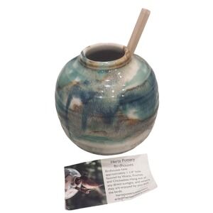 Hertz Pottery Ceramic Birdhouse Teal Blue Glaze Signed Erik Hertz Sm Bird Nest